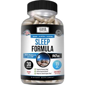 Kaya Naturals - تركيبة دعم النوم مع الميلاتونين - مكملات فيتامين دعم المساعدة - إجهاد النوم ودعم الحالة المزاجية - إل تريبتوفان، زهرة العاطفة، أشواغاندا وأكثر (30 قطعة)