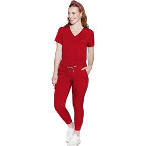 Med Couture Women's Scrub Set with V- Neck Scrub Top MC7448 and 2-Way Stretch Pants 7710, Red - L Top/L Pant