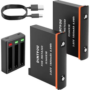 بطارية DINTYOU الجديدة لبطاريات Insta360 X3 1800mAh 2 Pack، مع ملحقات Insta360 X3 محور شاحن بطارية سريع 3 قنوات