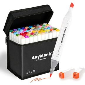 رأس فرشاة لأقلام تحديد الكحول من AnyMark، فرشاة ذات طرف مزدوج مكونة من 60+1 لون ومجموعة أقلام تحديد فنية تعتمد على الكحول مع علبة للفنانين البالغين والأطفال رسم التلوين