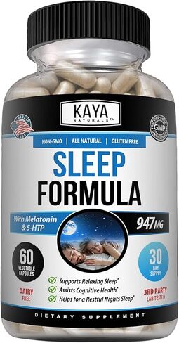Kaya Naturals - تركيبة دعم النوم مع الميلاتونين - مكملات فيتامين دعم المساعدة - إجهاد النوم ودعم الحالة المزاجية - إل تريبتوفان، زهرة العاطفة، أشواغاندا وأكثر (30 قطعة) in Kuwait