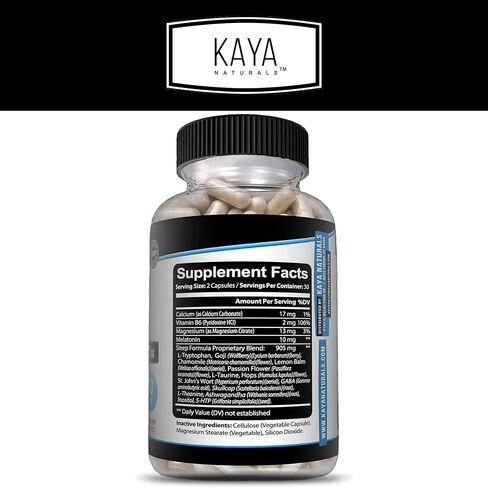 Kaya Naturals - تركيبة دعم النوم مع الميلاتونين - مكملات فيتامين دعم المساعدة - إجهاد النوم ودعم الحالة المزاجية - إل تريبتوفان، زهرة العاطفة، أشواغاندا وأكثر (30 قطعة) in Kuwait