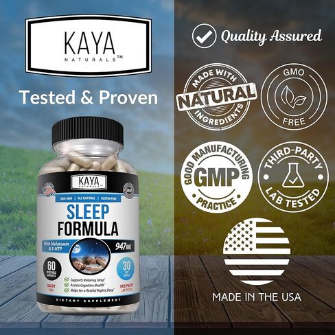 Kaya Naturals - تركيبة دعم النوم مع الميلاتونين - مكملات فيتامين دعم المساعدة - إجهاد النوم ودعم الحالة المزاجية - إل تريبتوفان، زهرة العاطفة، أشواغاندا وأكثر (30 قطعة) in Kuwait
