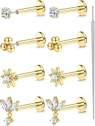 18K Gold Plated Threadless Flat Back Earrings Studs 316L Surgical Steel Push in Nose Studs Rings 20G 18G 16G CZ Tragus Cartilage Helix Conch Lip Labret Medusa Nostril Piercing Jewelry Hypoallergenic in Kuwait