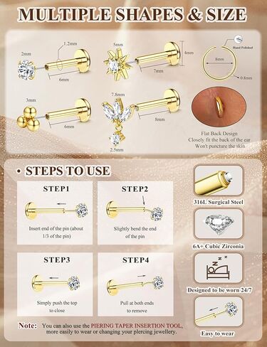18K Gold Plated Threadless Flat Back Earrings Studs 316L Surgical Steel Push in Nose Studs Rings 20G 18G 16G CZ Tragus Cartilage Helix Conch Lip Labret Medusa Nostril Piercing Jewelry Hypoallergenic in Kuwait