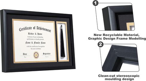 ELSKER&Home 8.5 x 11 Graduation Frame with Tassel Holder for 4x6 Photo| 8.5x11 Shadow Box Picture Frame, Graduation Mahogany Frame, Degree Double Mat, Black with Gold Rim, Wall & Tabletop Design in Kuwait