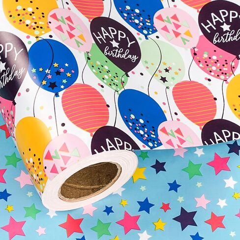 LeZakaa Reversible Birthday Wrapping Paper Jumbo Roll - Colorful Balloon & Stars - 24 inches x 100 Feet (200 sq.ft.) in Kuwait