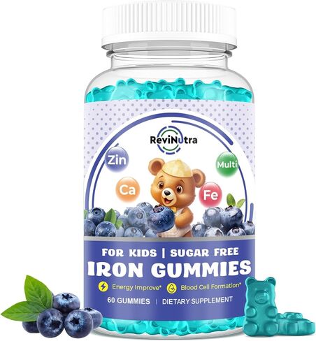 Iron Supplement Gummies for Kids - with Calcium, Zinc, Kids Multivitamin with Iron Gummies - Immune Support, Blood Builder & Energy Support for Iron Deficiency, Anemia, Vegan - 60 Gummies in Kuwait