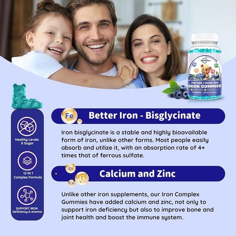 Iron Supplement Gummies for Kids - with Calcium, Zinc, Kids Multivitamin with Iron Gummies - Immune Support, Blood Builder & Energy Support for Iron Deficiency, Anemia, Vegan - 60 Gummies in Kuwait