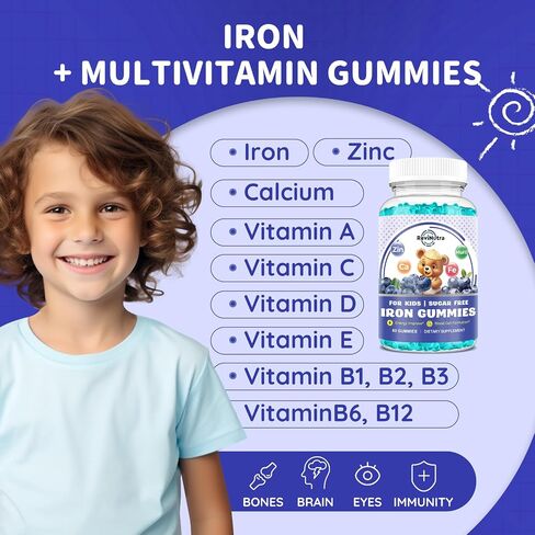 Iron Supplement Gummies for Kids - with Calcium, Zinc, Kids Multivitamin with Iron Gummies - Immune Support, Blood Builder & Energy Support for Iron Deficiency, Anemia, Vegan - 60 Gummies in Kuwait