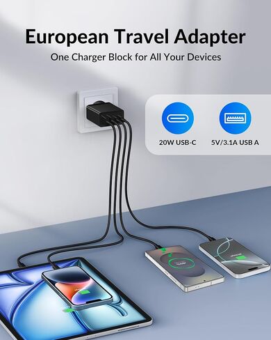USINFLY European Travel Plug Adapter, 40W 4-Port USB C Wall Charger Plug Type C Fast Charging Block International Power Adaptor US to Europe EU for iPhone 15 14 13 12 11 Pro Max XS X 8, iPad, Samsung in Kuwait