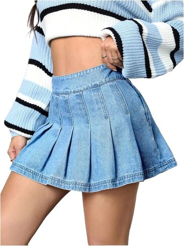 Floerns Women's Casual High Waisted Pleated Hem Zipper Up Denim Skirt Short Skirts in Saudi Arabia