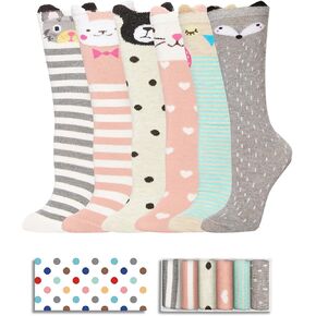 TRENSOM Funny Knee Socks for Girls - Cute Animal Socks Fox Bear Gifts for Kids Girls, Cute Animal Socks 6 Pack 7-9 Years
