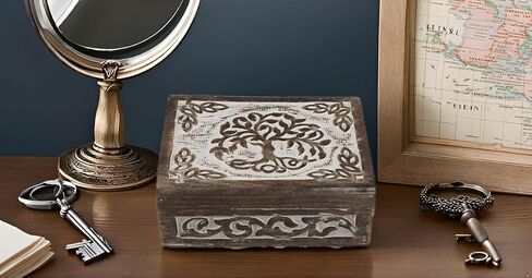 Great Birthday Gift Handmade Decorative Wooden Jewelry Box Tree Of Life Carving Jewelry Organizer Keepsake Box Treasure Chest Trinket Holder Watch Box Storage Lock Box Housewarming Gift (Brown) in Kuwait
