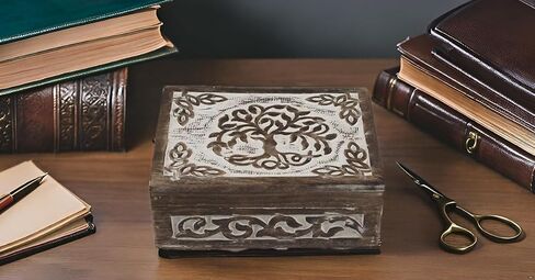 Great Birthday Gift Handmade Decorative Wooden Jewelry Box Tree Of Life Carving Jewelry Organizer Keepsake Box Treasure Chest Trinket Holder Watch Box Storage Lock Box Housewarming Gift (Brown) in Kuwait
