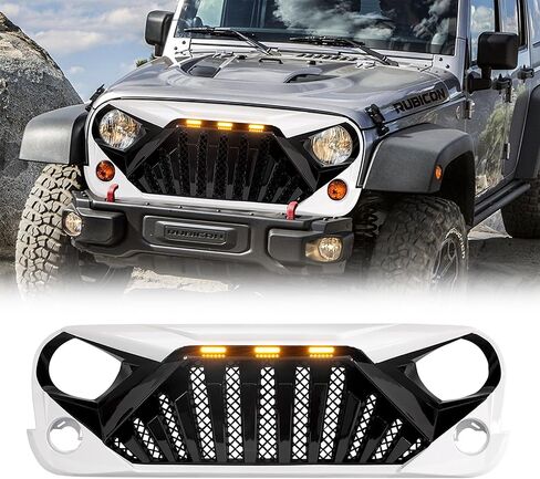 شبكة جلاديتور أمامية من بلاستيك ABS معدلة أمريكية مع مصابيح LED للطرق الوعرة متوافقة مع موديلات جيب رانجلر JK من 2007 إلى 2018، باللونين الأسود والأبيض in Kuwait