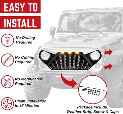 شبكة جلاديتور أمامية من بلاستيك ABS معدلة أمريكية مع مصابيح LED للطرق الوعرة متوافقة مع موديلات جيب رانجلر JK من 2007 إلى 2018، باللونين الأسود والأبيض in Kuwait