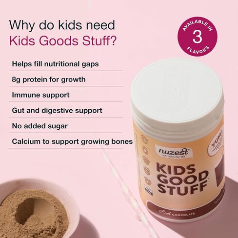 Nuzest - Kids Good Stuff - Vegan Smoothie Mix - Rich Chocolate - Multivitamin Nutritional Supplement Protein Shake - Dairy Free - Supporting Growth and Development - 225g/ 7.9 oz (15 Servings) in Saudi Arabia