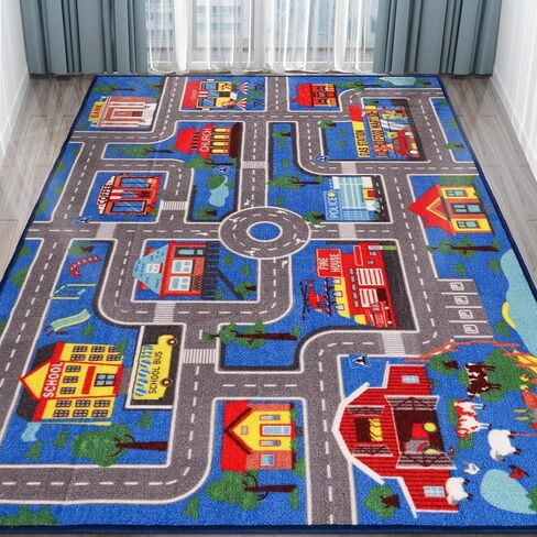 Kids Carpet Playmat Rug 59"x39.4", Car Rug for Kids Cars, Non-Slip Town City Road Map Kids Rug for Playroom Bedroom Boys, Kids Car Mat Road Rug, Track Rug Car Play Rug for Kids (59X39.4Inch,Green) in Kuwait