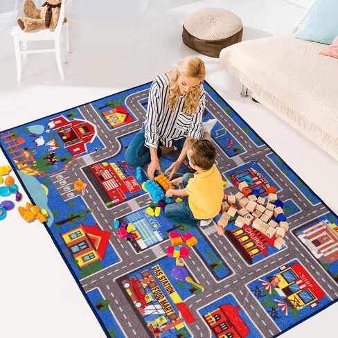Kids Carpet Playmat Rug 59"x39.4", Car Rug for Kids Cars, Non-Slip Town City Road Map Kids Rug for Playroom Bedroom Boys, Kids Car Mat Road Rug, Track Rug Car Play Rug for Kids (59X39.4Inch,Green) in Kuwait