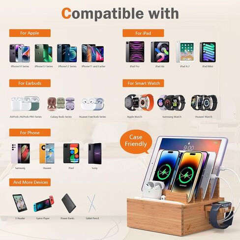 قاعدة شحن من الخيزران مع شاحن USB بخمسة منافذ و5 كابلات - الخيزران الطبيعي in Kuwait