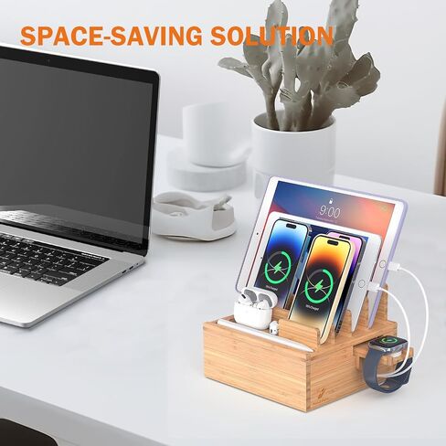 قاعدة شحن من الخيزران مع شاحن USB بخمسة منافذ و5 كابلات - الخيزران الطبيعي in Kuwait