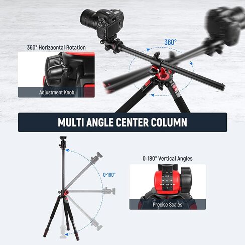 NEEWER 73.6" Horizontal Tripod with Multi Angle Center Column, Ball Head & Central Axis Platform, Heavy Duty Aluminum Camera Tripod Monopod 360° Pan 180° Tilt for Overhead/Macro Shots, Max Load 22lb in Kuwait