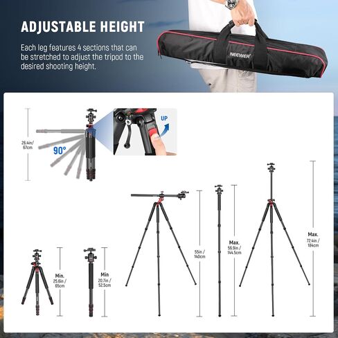NEEWER 73.6" Horizontal Tripod with Multi Angle Center Column, Ball Head & Central Axis Platform, Heavy Duty Aluminum Camera Tripod Monopod 360° Pan 180° Tilt for Overhead/Macro Shots, Max Load 22lb in Kuwait