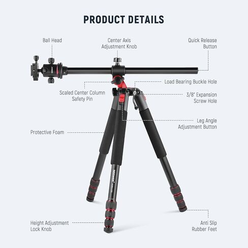 NEEWER 73.6" Horizontal Tripod with Multi Angle Center Column, Ball Head & Central Axis Platform, Heavy Duty Aluminum Camera Tripod Monopod 360° Pan 180° Tilt for Overhead/Macro Shots, Max Load 22lb in Kuwait