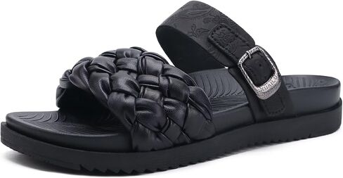 KuaiLu Womens Dressy Flat Sandals Comfortable Fashion Leather Braided Strap Summer Adjustable Open Toe Cushion Orthotic ladies Lightweight Sandals with Plantar Fasciitis Arch Support in Kuwait