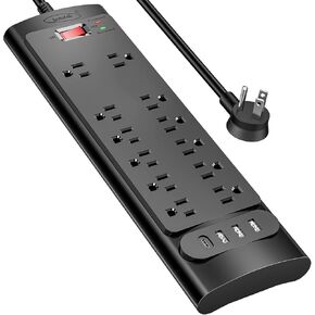قطاع الطاقة، واقي التيار المتردد من بوتوتيك مع 10 منافذ تيار متردد و4 منافذ USB، 1875 وات/15 أمبير، 2100 جول، سلك تمديد طويل بقابس مسطح بطول 10 أقدام للمنزل والمكتب وأساسيات السكن، 2100 جول، مدرج في قائمة ETL - أسود