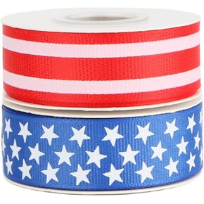 Patriotic Ribbons Red/White/Blue 40 Yards Stars and Stripes Grosgrain Ribbon Use for Hair Bows,Wreath,Gift Wrapping,Memorial Day Decoration(01)