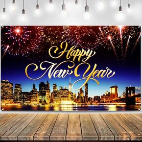 New Years Decorations, Happy New Year Banner Backdrop, New Years Eve Party Supplies for NYE Decorations 2024, Happy New Year Eve Decorations for Door Banner Background Neon Party Supplies Decoration