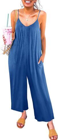 Happy Sailed Womens Casual Jumpsuits Loose Overalls Summer Sleeveless Stretchy Wide Leg Long Pants Romper with Pockets in Kuwait