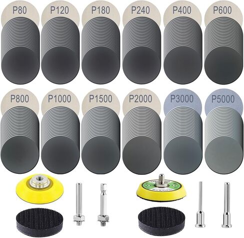 140 قطعة من أقراص الصنفرة الرطبة والجافة مقاس 3 بوصات، متنوعة من 120 إلى 5000 حبيبة من كربيد السيليكون وورق الصنفرة مع وسادات صنفرة ساق 1/4 بوصة ووسادة تلميع إسفنجية لتلميع وتشطيب السيارة المعدنية الخشبية in Kuwait