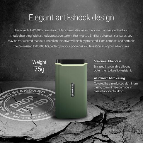 Transcend 1 تيرابايت خارجي، محمول، SSD معتمد لاختبار السقوط العسكري، ESD410C، USB 20 جيجابت في الثانية، النوع C TS1TESD410C in Saudi Arabia