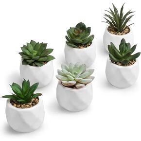 MyGift Set of 4 Mini Assorted Green Decorative Artificial Succulent Plants in Square White Glazed Ceramic Planter Pots