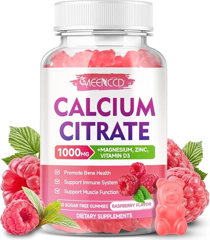 2 Pack Calcium Citrate Gummies 1000mg w/Vitamin D3, High Absorption Calcium Gummies for Women & Men, Plus Magnesium, Potassium, Zinc for Muscle & Immune, Raspberry Flavor, 120 Count in Kuwait