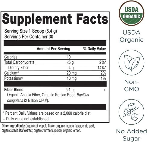 Ancient Nutrition Organic Fiber Powder, Raspberry Lemonade, Soluble Fiber from Acacia & Konjac Root, Supports Digestive Health, Reduces Bloating, 6.5 oz in Kuwait