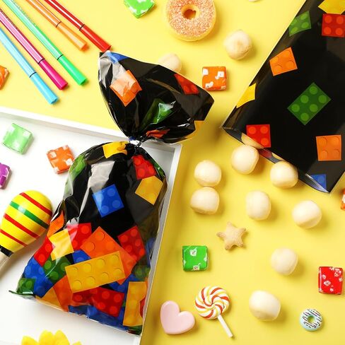 100 Pcs Building Block Cellophane Treat Bags, Birthday Party Supplies Candy Goodie Bags Party Favor Bags with 100 Silver Twist Ties for Summer Birthday Themed Party Pack Supplies(Black Background) in Kuwait
