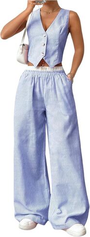 Milumia Women's 2 Pcs Outfits Striped V Neck Button Blazer Vest Pants Tracksuit in Kuwait