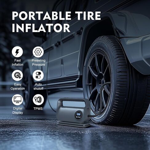 Tire Inflator Portable Air Compressor, DC 12V Portable Tire Inflator for Car, Air Tire Pump with Digital Tire Pressure Gauge and LED Light, Portable Air Compressor for Car Tires, Motorcycle, Bike in Kuwait