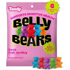 Tandy Belly Bears الألياف وصمغ البروبيوتيك I علكات يومية لصحة الجهاز الهضمي لصحة الأمعاء مع الفواكه الطازجة بنكهة ميدلي I، خالية من الغلوتين سريعة المفعول، مكمل غذائي غائر I 6 عبوات
