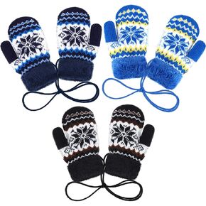 3 Pairs Kid Warm Snowflake Mittens Fleece Lining Knit Thicken Gloves with String