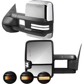 مرايا السحب متوافقة مع 2007-2013 Chevy Silverado/GMC Sierra 1500 2500 3500 HD، زجاج الطاقة، تسخين الطاقة، ضوء التبديل، ضوء احتياطي، ضوء إشارة الانعطاف (عدسة مدخنة غطاء كروم)