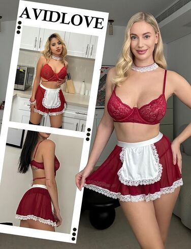 Avidlove Lingerie for Women Sexy Lace Babydoll French Maid Outfit Cosplay Costumes 6 Pack Role Play Lingerie Set in Saudi Arabia