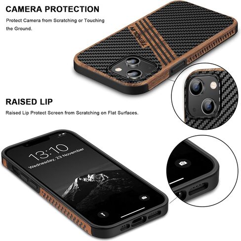 TENDLIN Compatible with iPhone 14 Pro Max Case Wood Grain with Carbon Fiber Texture Design Leather Hybrid Slim Case Black in Saudi Arabia