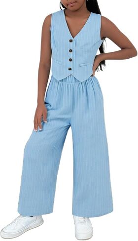 Floerns Girl's 2 Piece Outfit Sleeveless V Neck Blazer Vest and Wide Leg Pants Set in Kuwait