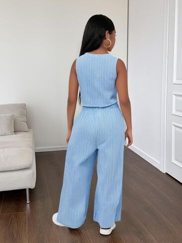 Floerns Girl's 2 Piece Outfit Sleeveless V Neck Blazer Vest and Wide Leg Pants Set in Kuwait