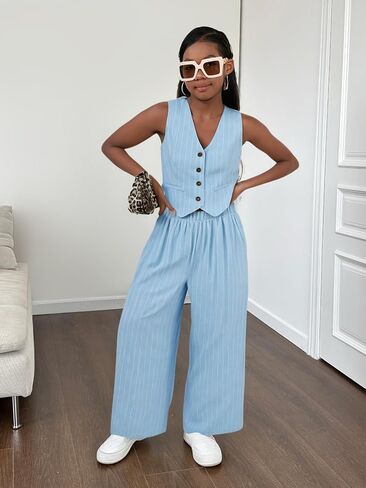 Floerns Girl's 2 Piece Outfit Sleeveless V Neck Blazer Vest and Wide Leg Pants Set in Kuwait